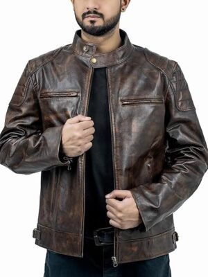 mens vintage brown leather jacket front view