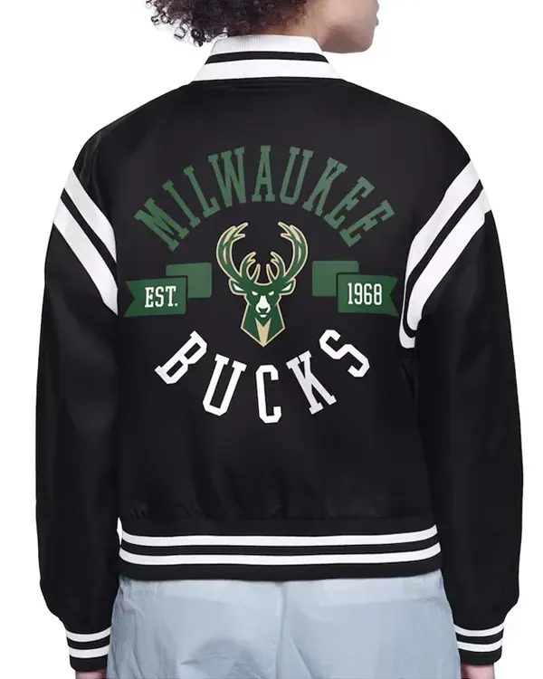 Milwaukee Bucks Printed Logo Black Varsity Satin Jacket - Image 2