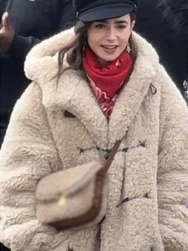 Emily In Paris Season 4 Lily Collins Hooded Shearling Jacket