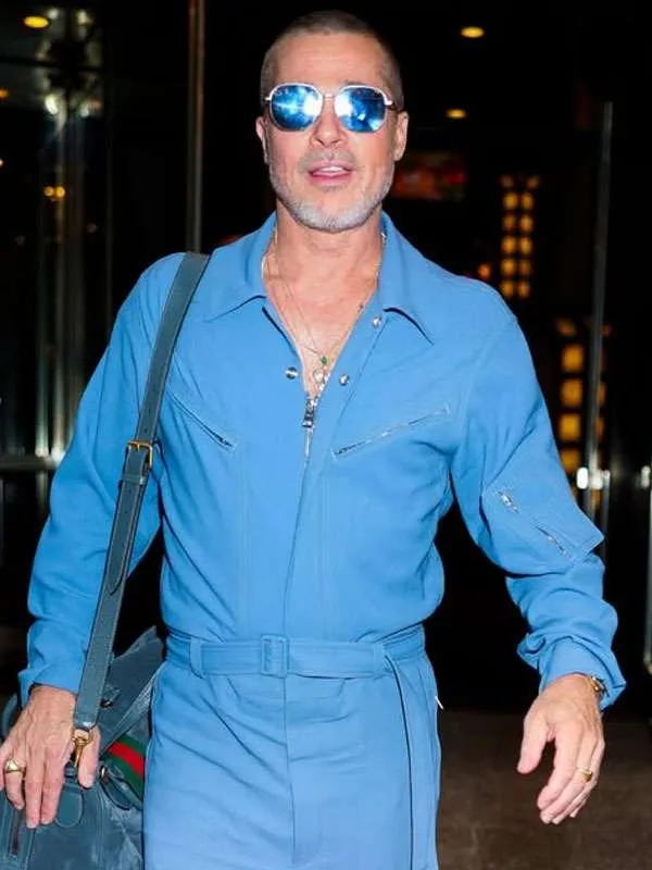 F1 Movie Promo Brad Pitt Blue Jumpsuit