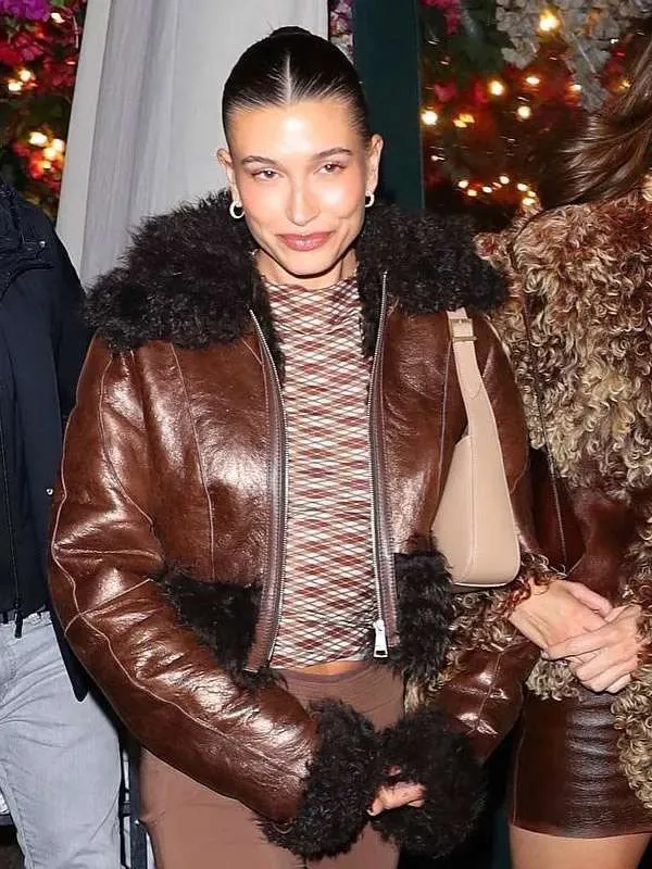 Hailey Bieber Fur Leather Jacket
