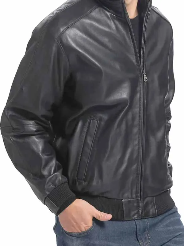 Men’s Black Real Leather Bomber Jacket - Image 2