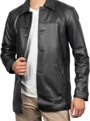 Men’s Classic Black Leather Car Coat