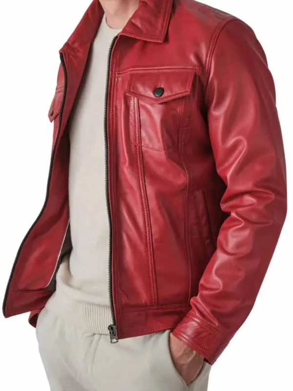 Men’s Red Genuine Leather Trucker Jacket - Image 2