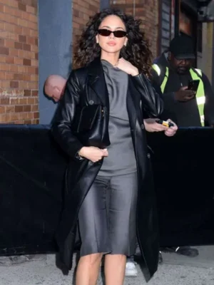 NYC Eiza Gonzalez Black Leather Coat Front View