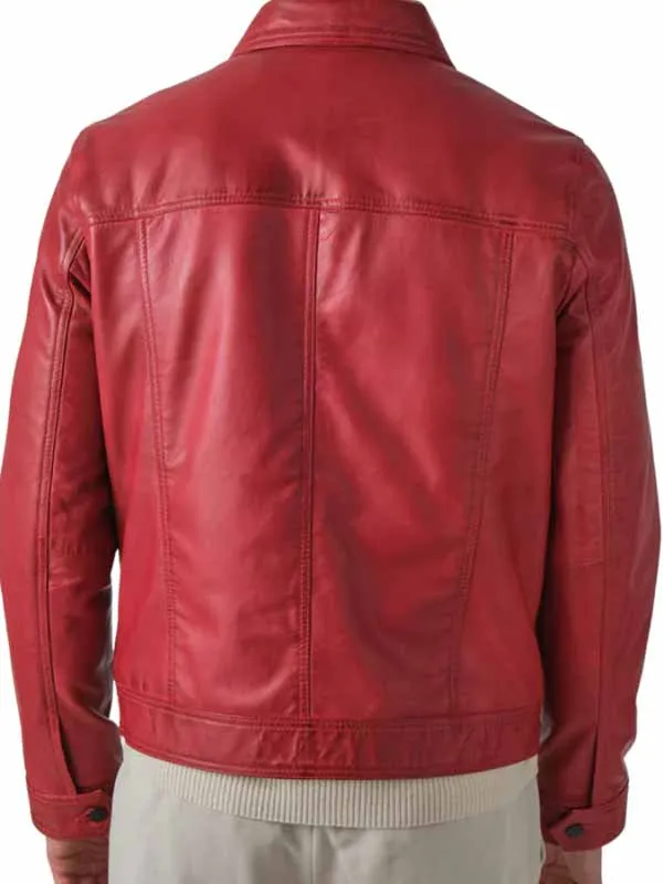 Men’s Red Genuine Leather Trucker Jacket - Image 3