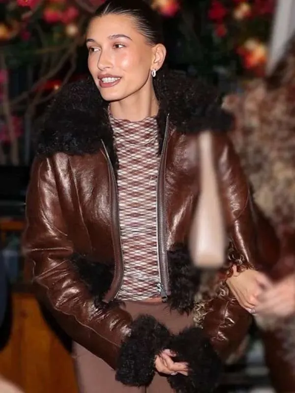 Hailey Bieber Fur Leather Jacket - Image 3
