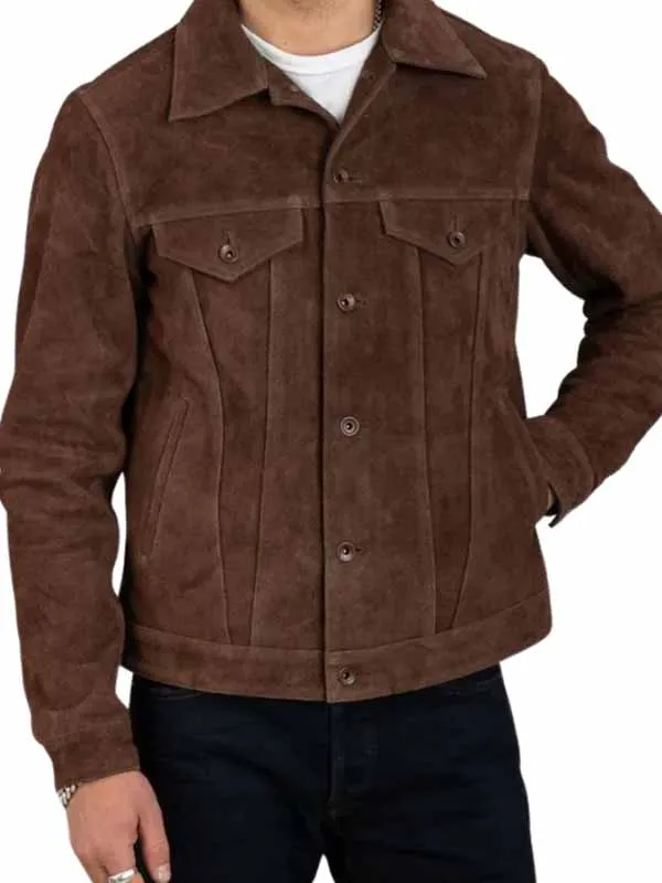 Men Casul Brown Leather Trucker Jacket - Image 2