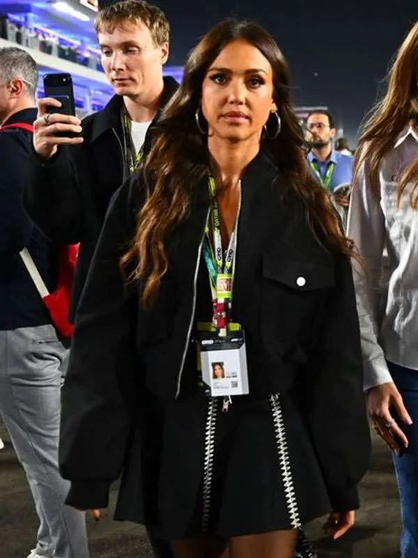 Jessica Alba F1 Qatar Grand Prix 2025 Black Bomber Jacket - Image 2