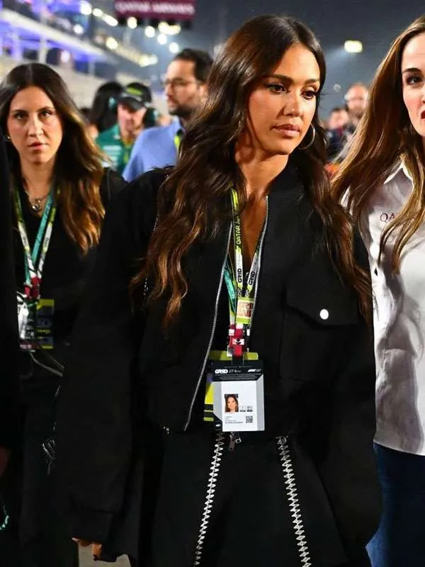 Jessica Alba F1 Qatar Grand Prix 2025 Black Bomber Jacket - Image 3