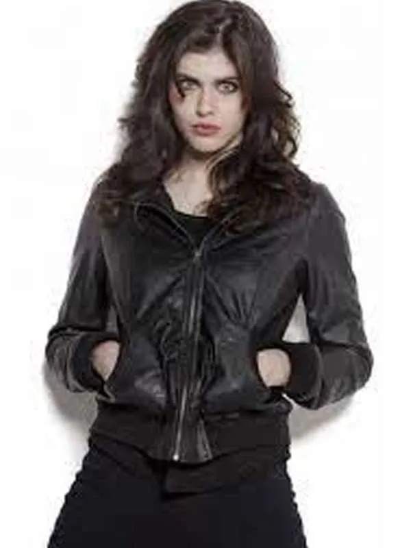 Alexandra Daddario Bomber Black Leather Jacket - Image 4
