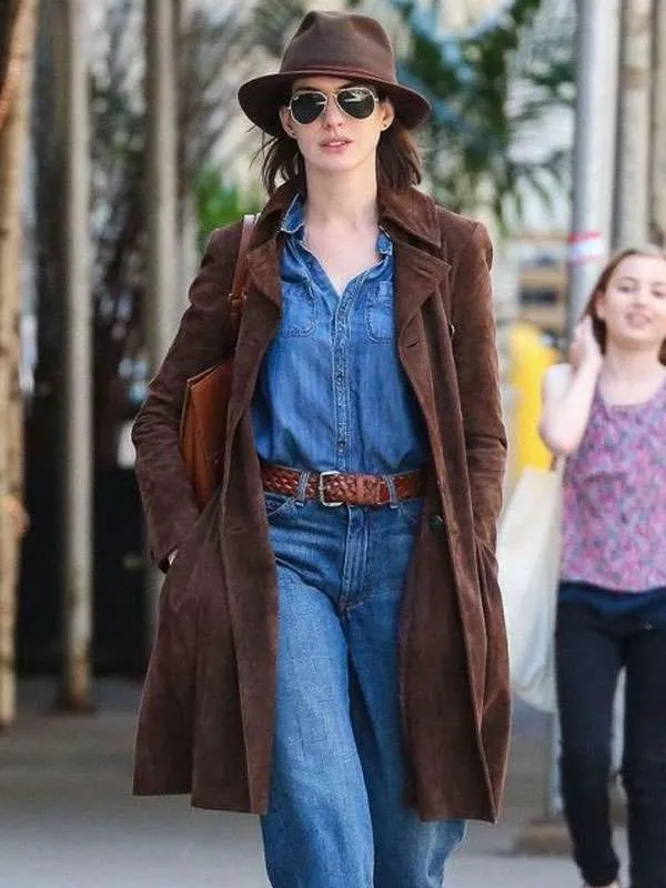 Anne Hathaway Brown Suede Leather Coat - Image 4