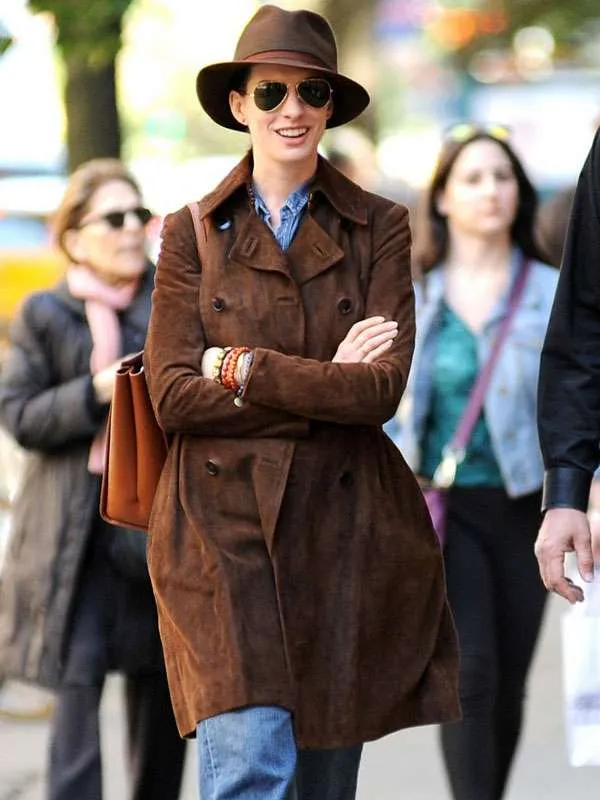 Anne Hathaway Brown Suede Leather Coat