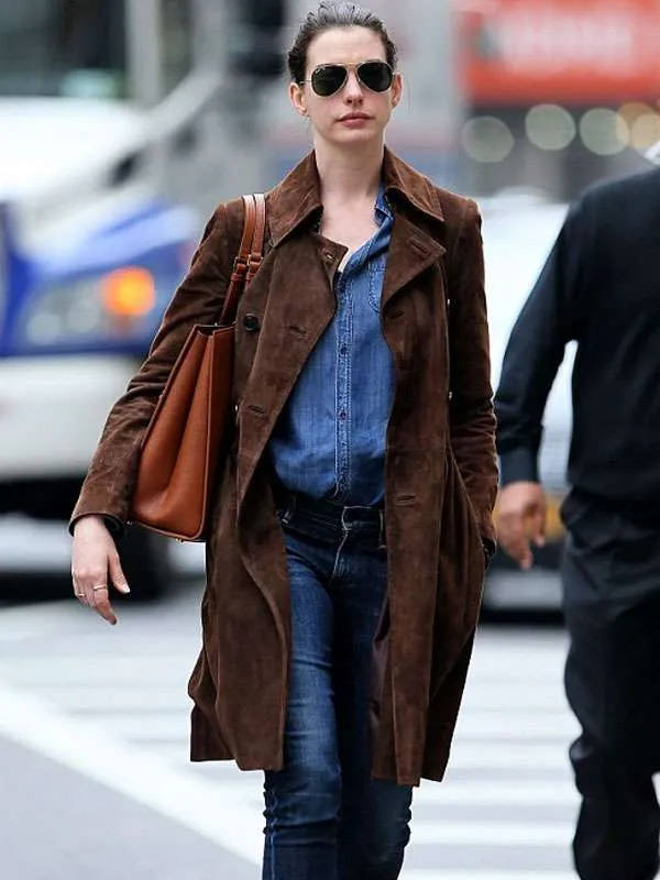 Anne Hathaway Brown Suede Leather Coat - Image 3