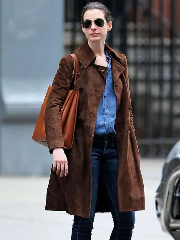 Anne Hathaway Brown Suede Leather Coat - Image 2