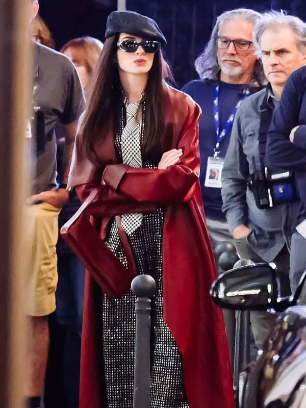 Anne Hathaway The Devil Wears Prada 2 Red Leather Coat