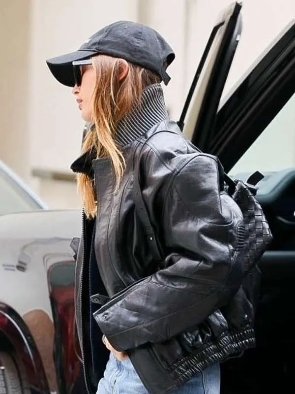 Hailey Bieber Black Bomber Leather Jacket - Image 4
