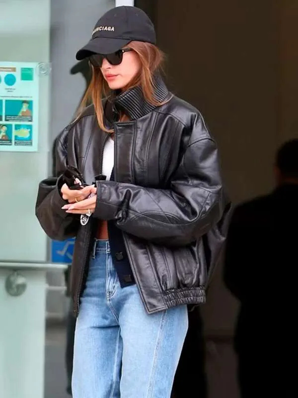Hailey Bieber Black Bomber Leather Jacket - Image 2