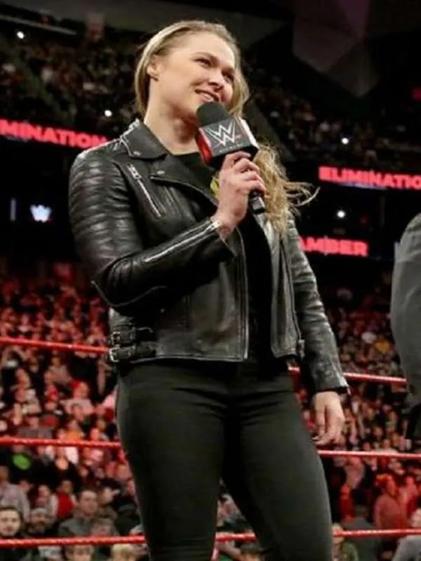 Ronda Rousey Quilted Shoulders Biker Leather Jacket - Image 3