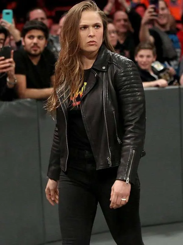 Ronda Rousey Quilted Shoulders Biker Leather Jacket - Image 2